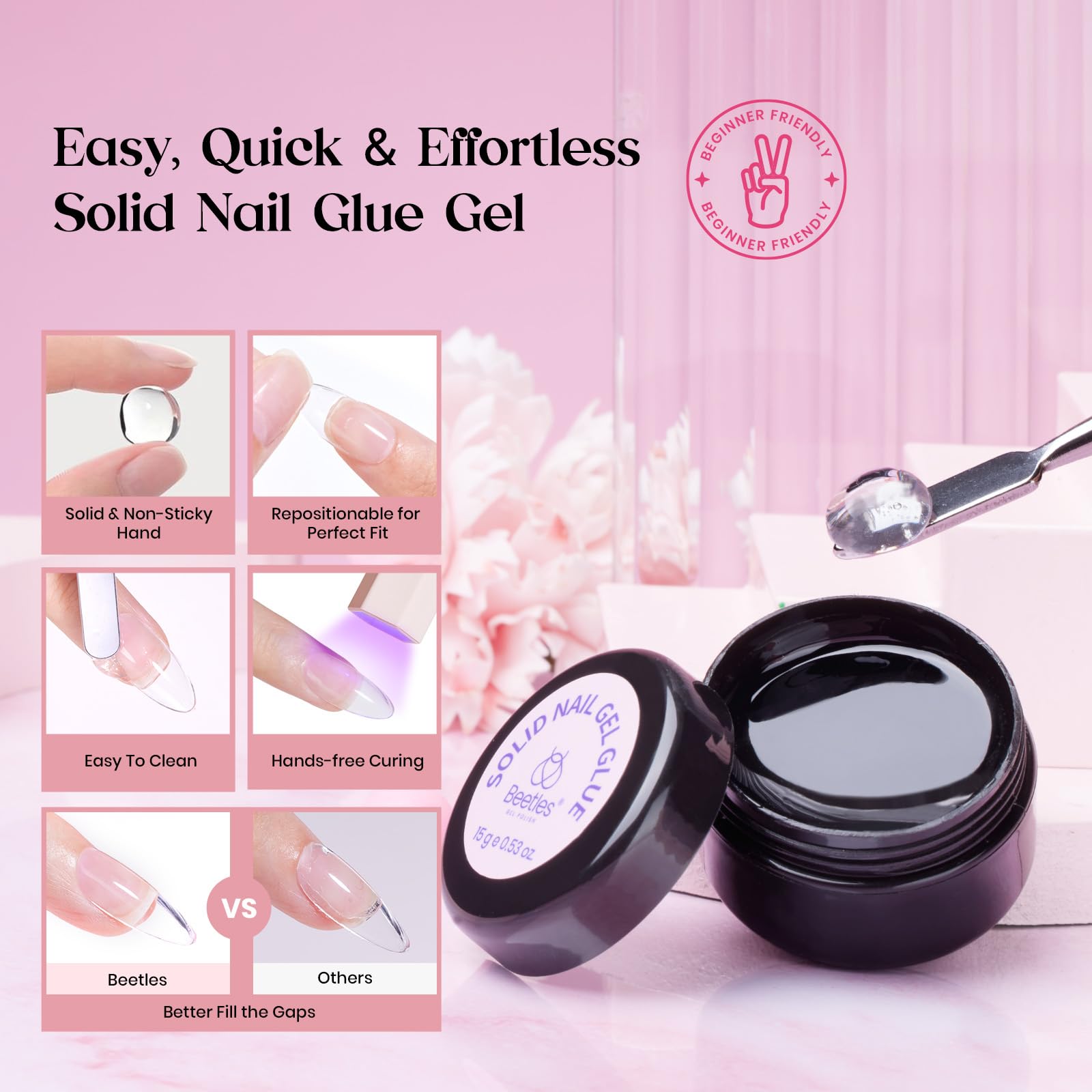 Beetles Gel Nail Kit, 300Pcs Almond Medium Nail Tips with Solid Nail Gel Glue,15 Sizes Soft Clear Nail Tips with Base Coat, Handheld Nail Lamp, Easy Nail Extension Set DIY Manicure Art Gift for Girls